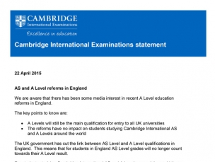 剑桥大学国际考试院关于英国AS和A-level改革的声明